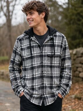 American Eagle Super Soft Hooded Flannel Shirt Large Gray Black Plaid Button Up